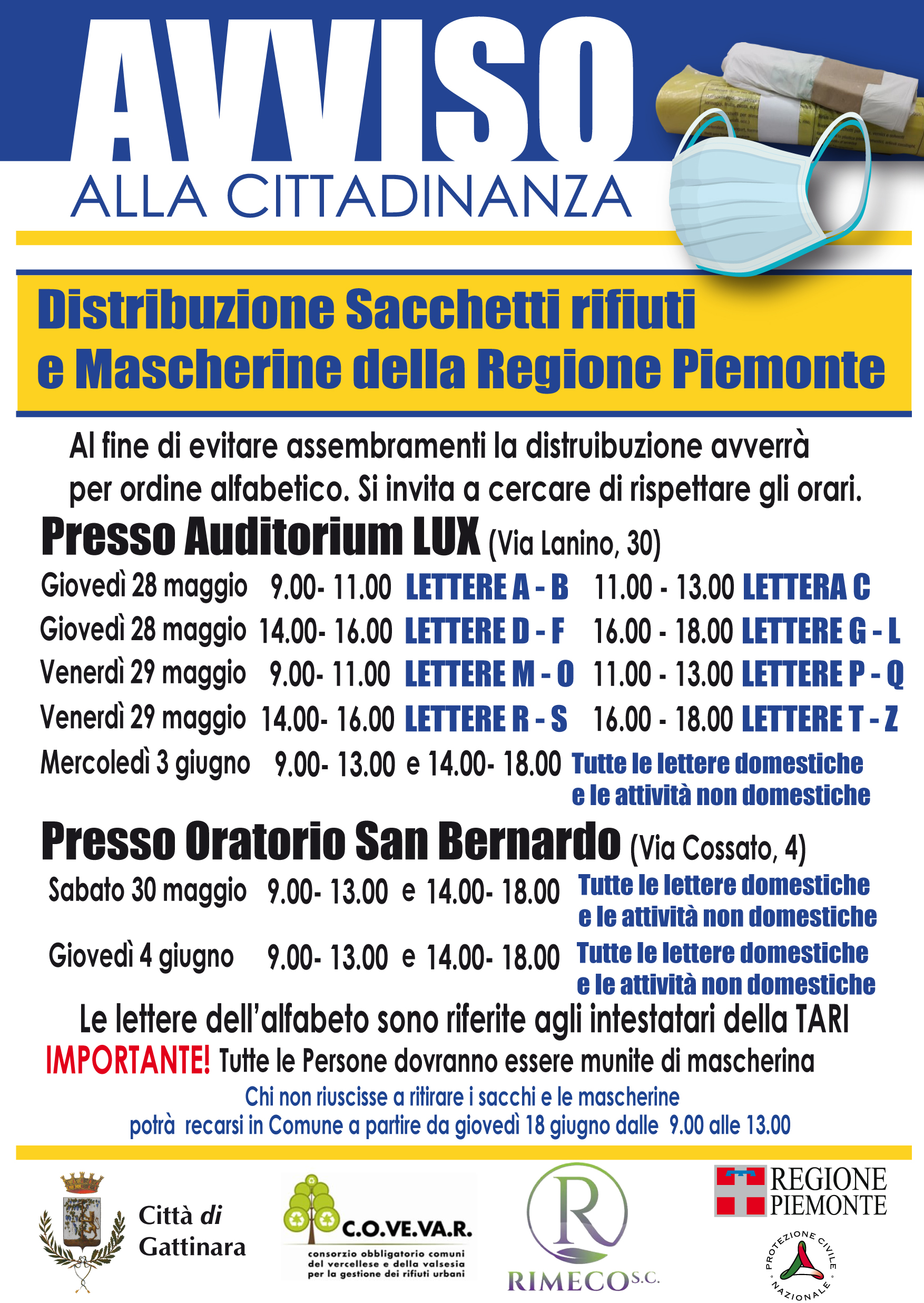 Da giovedì 28 maggio distribuzione di mascherine e sacchetti per la differenziata a Gattinara